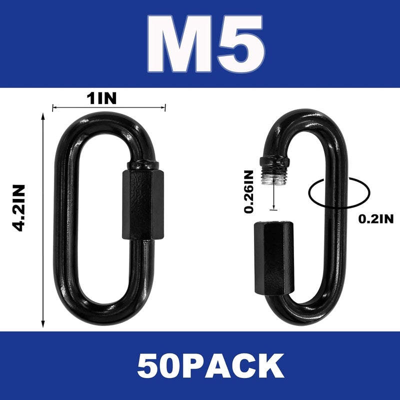 XHMAXE 50PCS 2Inch Black Quick Links,Heavy Duty Chain Connector Link,Screw Galvanized Steel Chain Links, 3/16" M5 Locking Carabiners for Connecting Hammock, Key Chain, Pet Leash,Gym,Camping 650 Lbs - Image 2